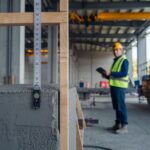 Beton w formie sześcianu na tle narzędzi