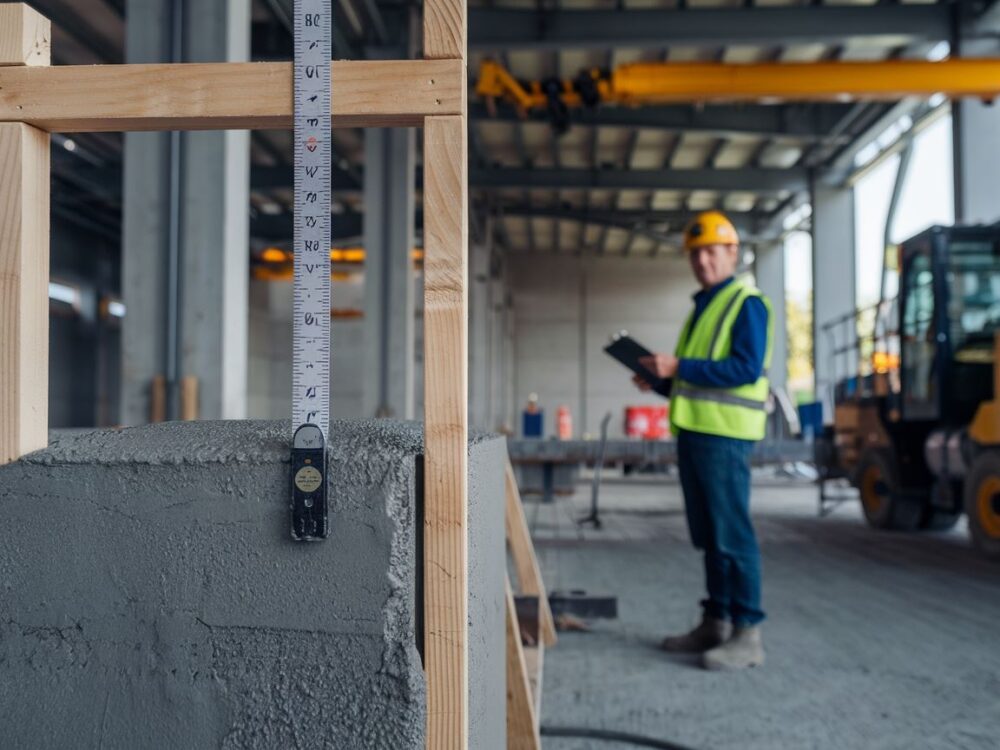 Beton w formie sześcianu na tle narzędzi