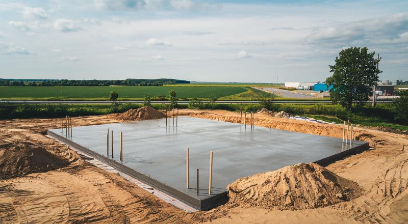 Fotografia przedstawiająca plac budowy z wykopanymi rowami i wylanymi ławami fundamentowymi.