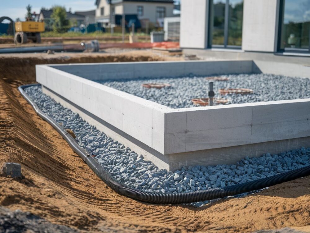 Fundamenty domu obsypane kamieniem drenażowym