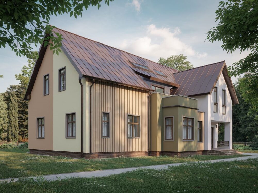 Nowoczesny dom z brązowym dachem i beżową elewacją