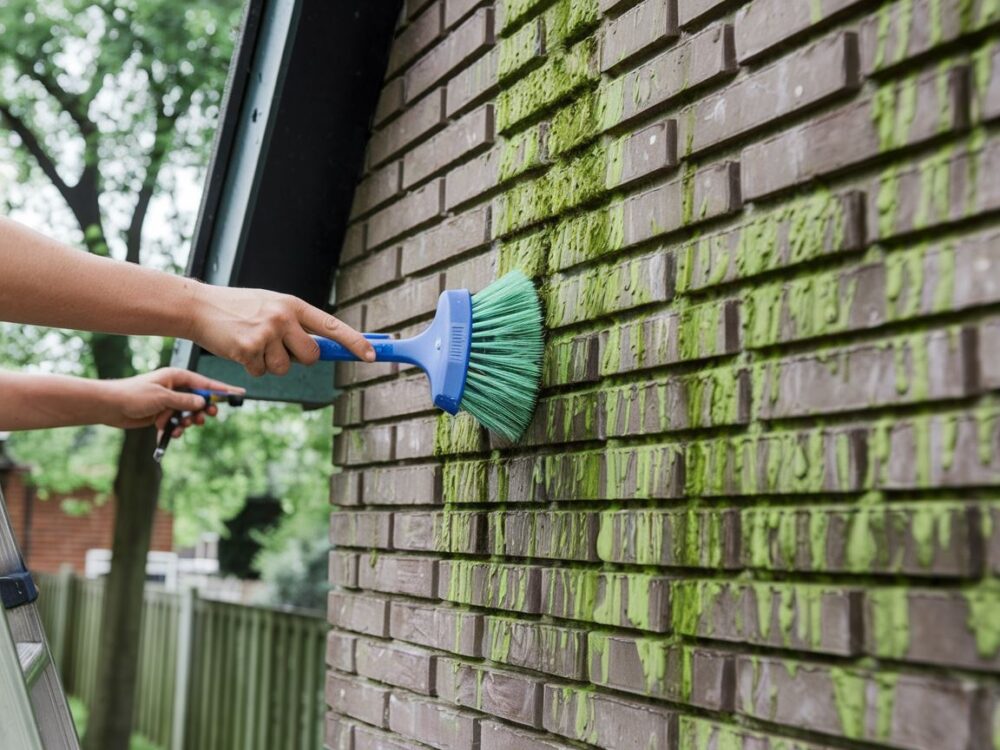 Proces usuwania glonów z elewacji budynku