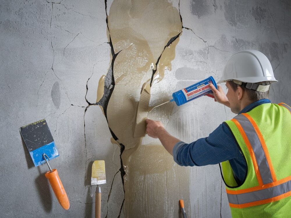 Ręka z pędzlem aplikująca uszczelniacz na beton