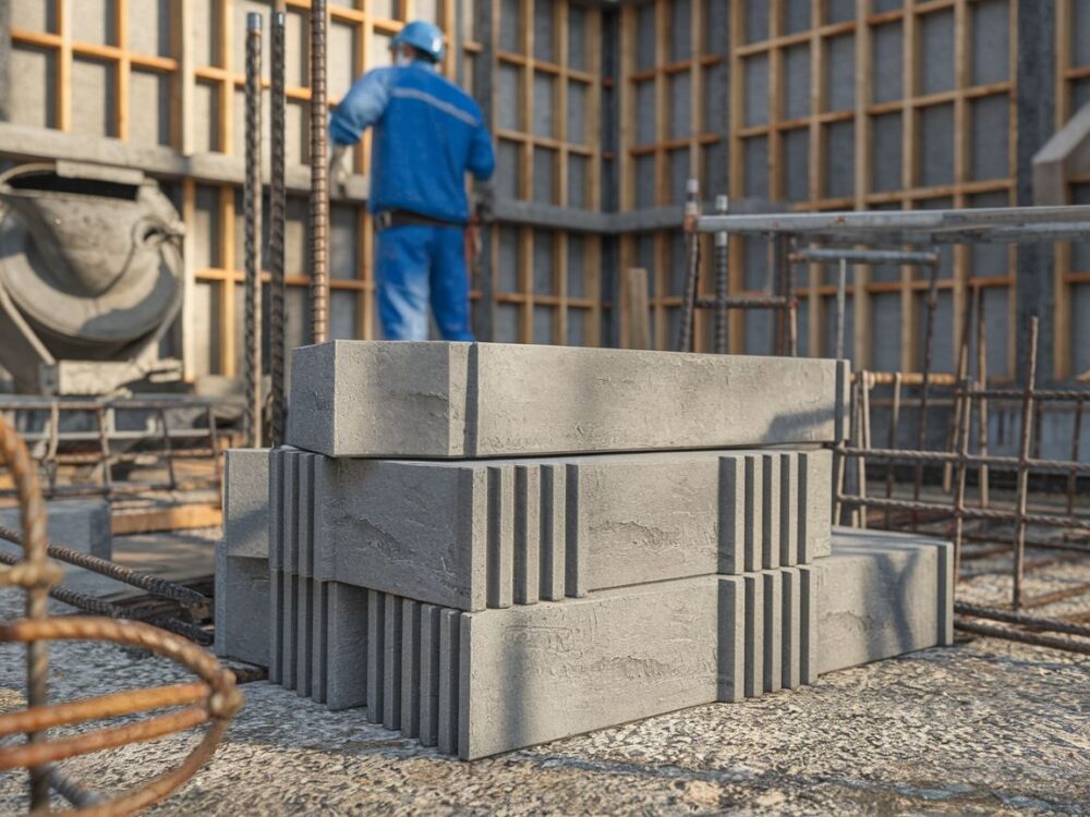 Stos bloczków betonowych na placu budowy fundamentów