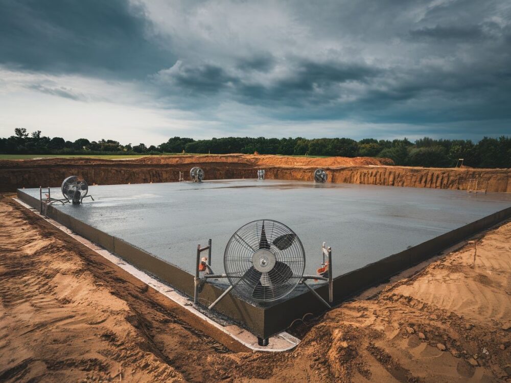 Świeżo wylany beton w ziemi na budowie