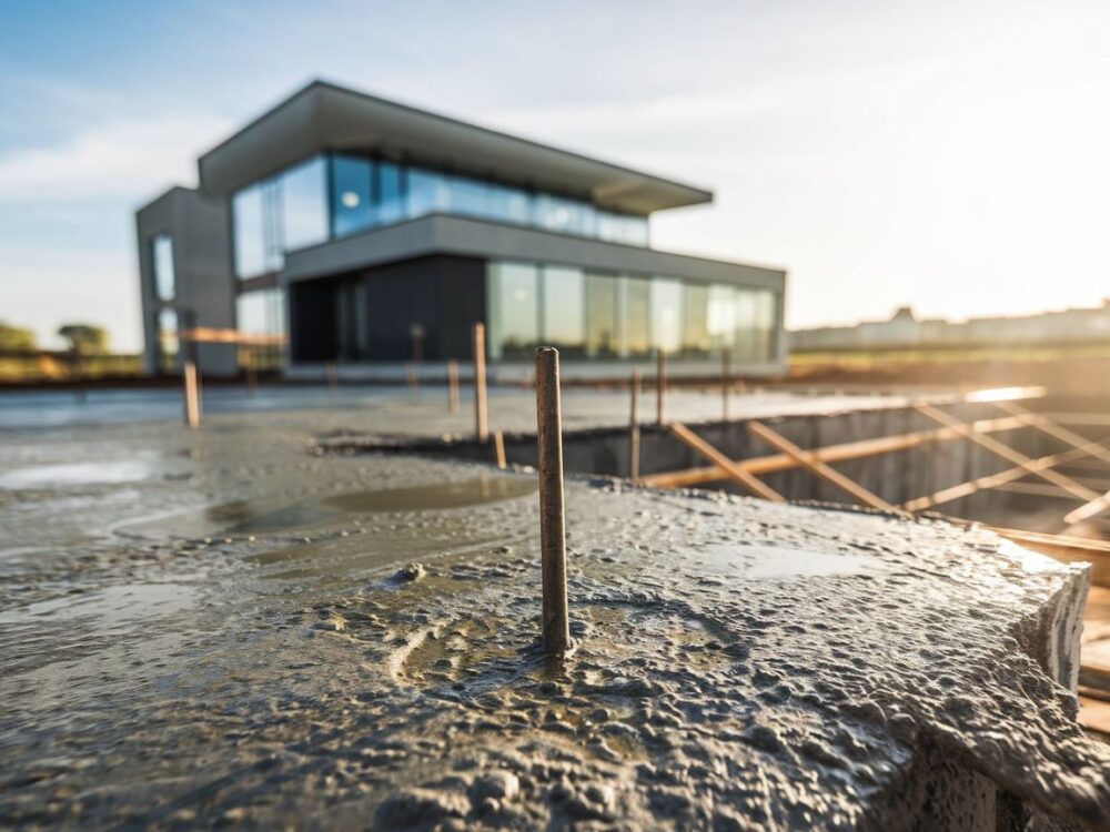 Zbliżenie na wysychający beton fundamentowy